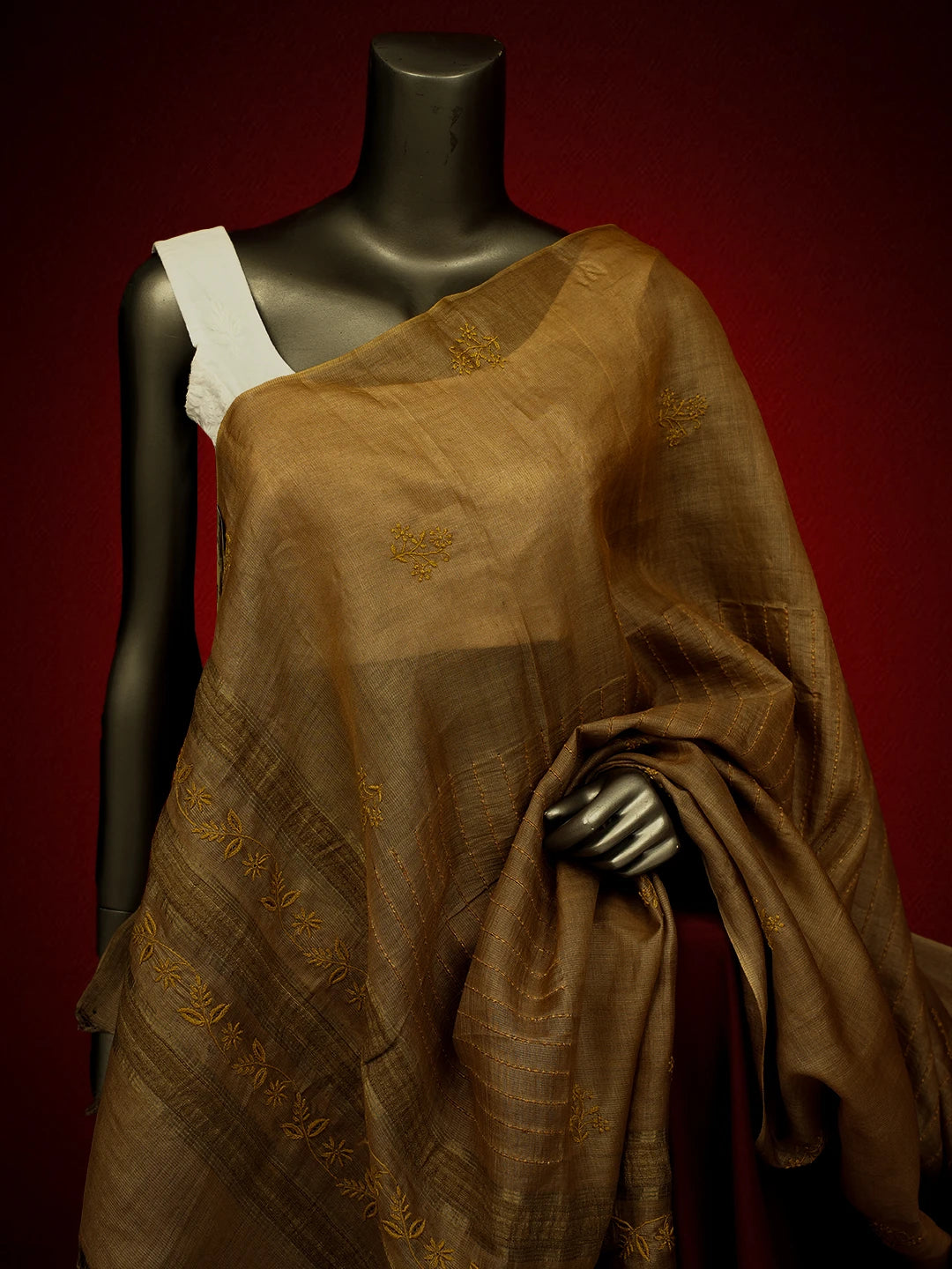 Ada Hand Embroidered Brown Silk Lucknowi Chikankari Dupatta 01A694060