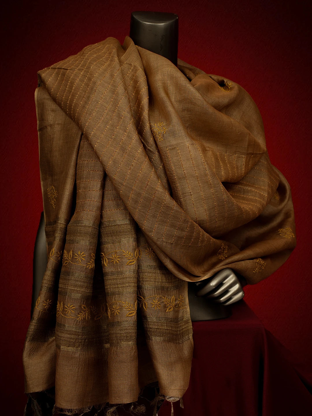 Ada Hand Embroidered Brown Silk Lucknowi Chikankari Dupatta 01A694060