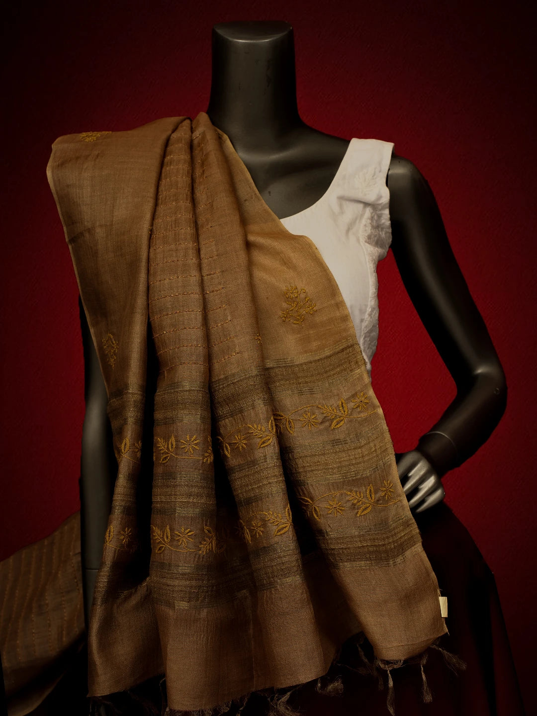 Ada Hand Embroidered Brown Silk Lucknowi Chikankari Dupatta 01A694060