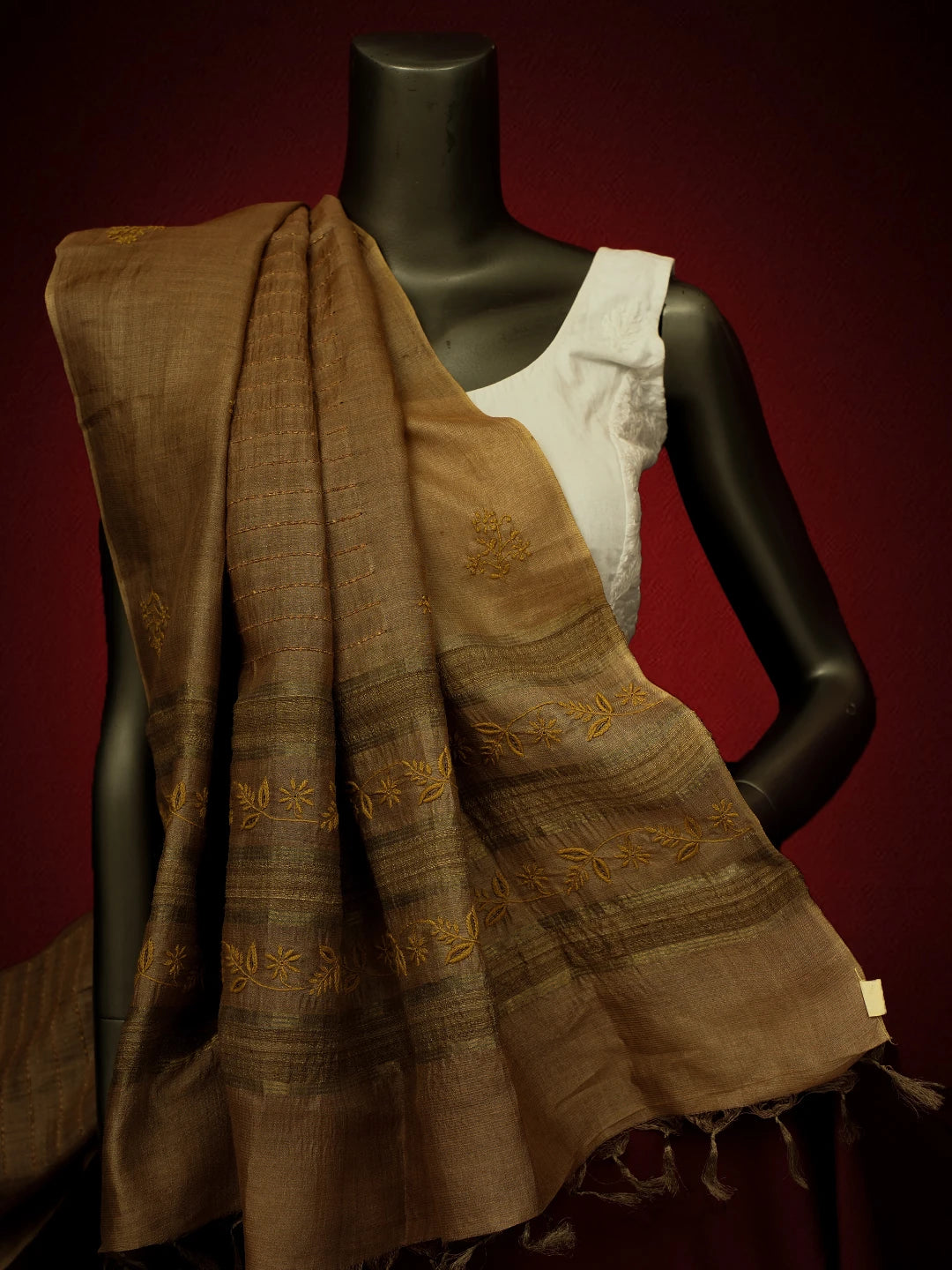 Ada Hand Embroidered Brown Silk Lucknowi Chikankari Dupatta 01A694060
