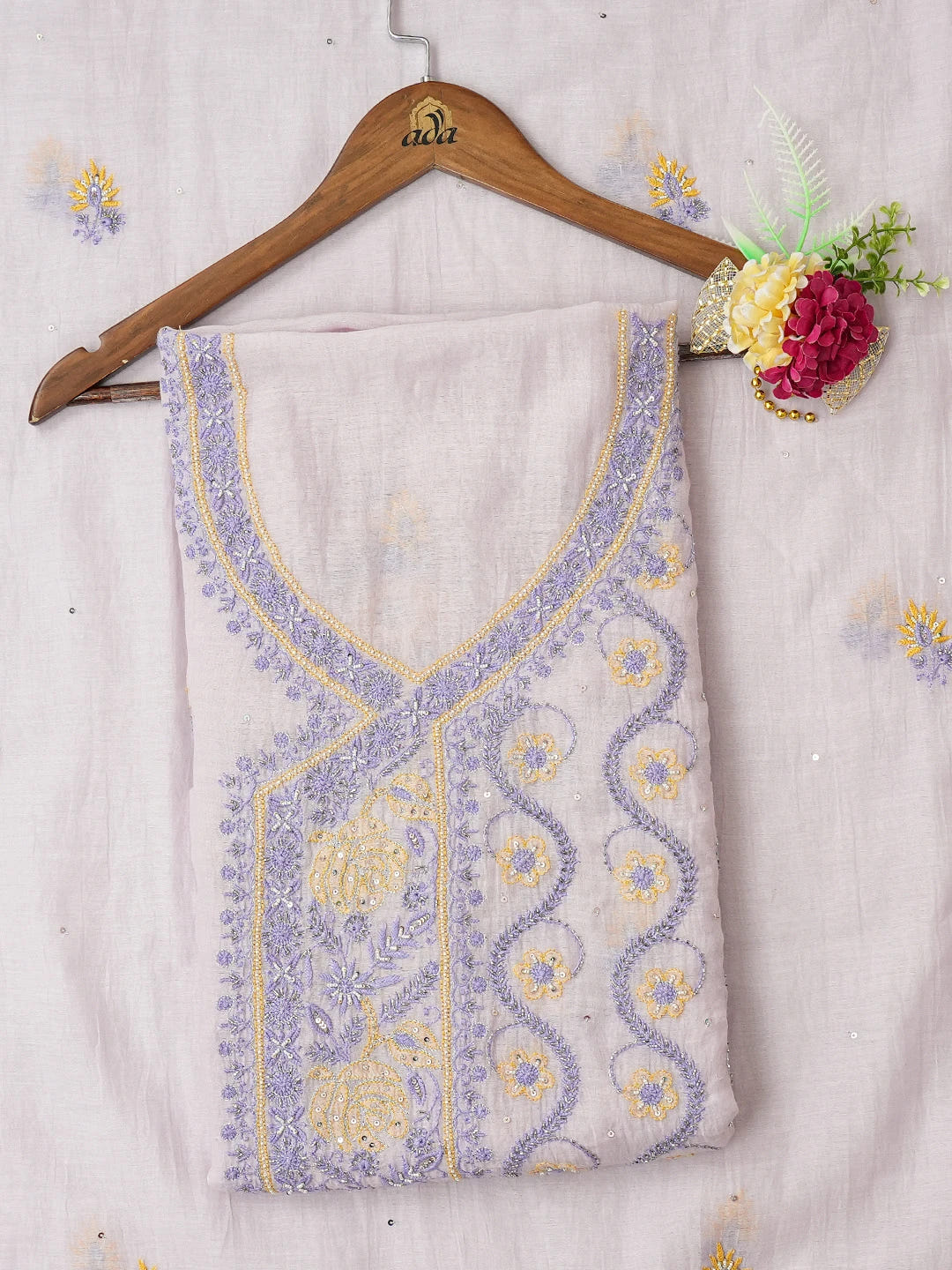 Ada Hand Embroidered Lavender Chanderi Lucknowi Chikankari Unstitched Kurta Dupatta Set With Sequins Work 01A642999