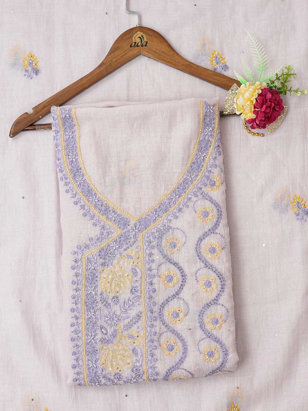 Ada Hand Embroidered Lavender Chanderi Lucknowi Chikankari Unstitched Kurta Dupatta Set With Sequins Work 01A642999