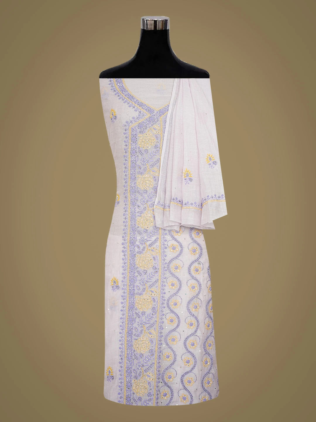 Ada Hand Embroidered Lavender Chanderi Lucknowi Chikankari Unstitched Kurta Dupatta Set With Sequins Work 01A642999