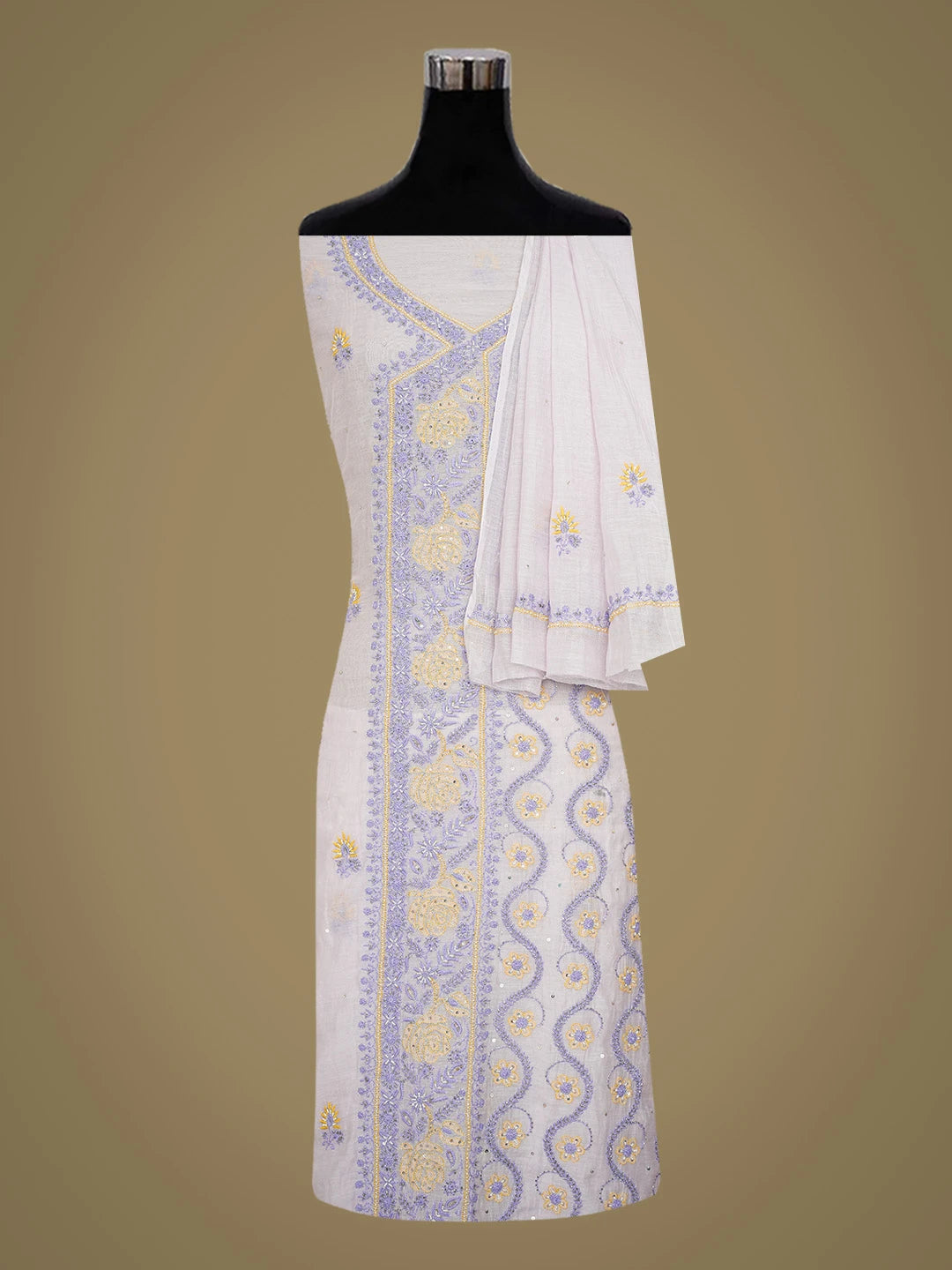 Ada Hand Embroidered Lavender Chanderi Lucknowi Chikankari Unstitched Kurta Dupatta Set With Sequins Work 01A642999