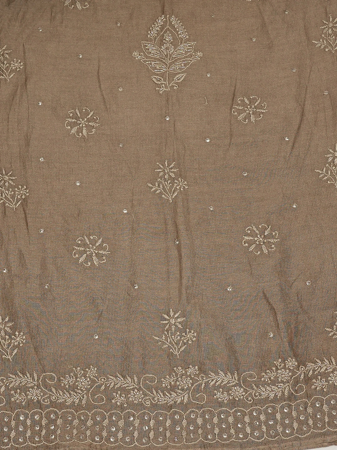 Ada Hand Embroidered Chamoisee Brown Tissue Lucknowi Chikankari Semi-Stitched Kurta Dupatta Set With Cutdana Work 01A345131