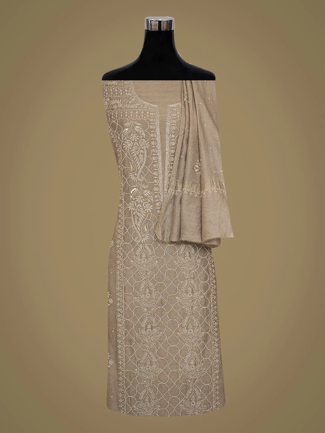 Ada Hand Embroidered Chamoisee Brown Tissue Lucknowi Chikankari Semi-Stitched Kurta Dupatta Set With Cutdana Work 01A345131