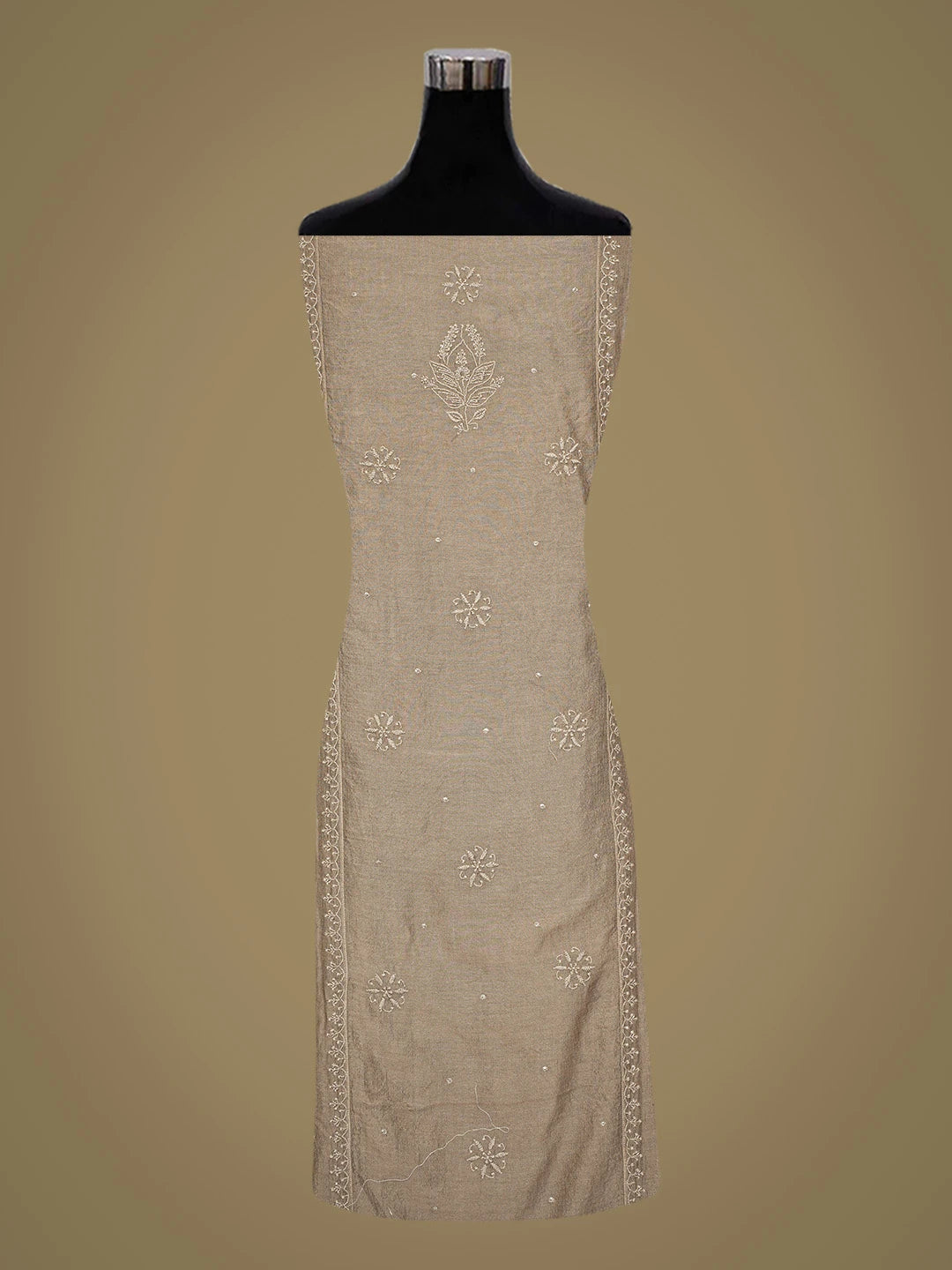 Ada Hand Embroidered Chamoisee Brown Tissue Lucknowi Chikankari Semi-Stitched Kurta Dupatta Set With Cutdana Work 01A345131