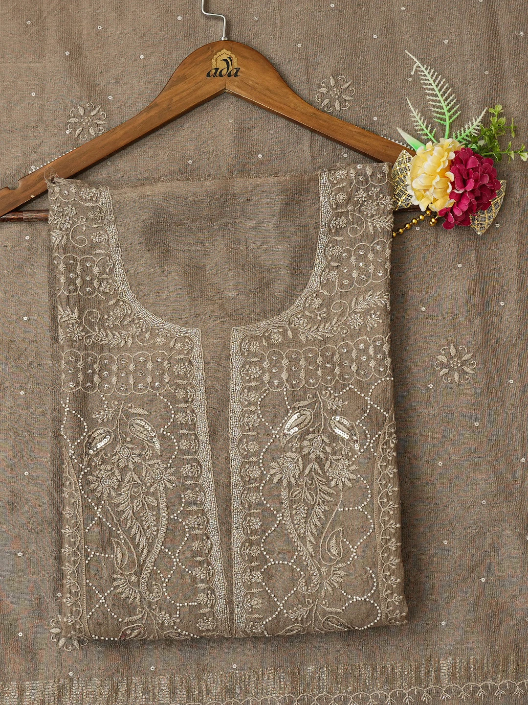 Ada Hand Embroidered Chamoisee Brown Tissue Lucknowi Chikankari Semi-Stitched Kurta Dupatta Set With Cutdana Work 01A345131