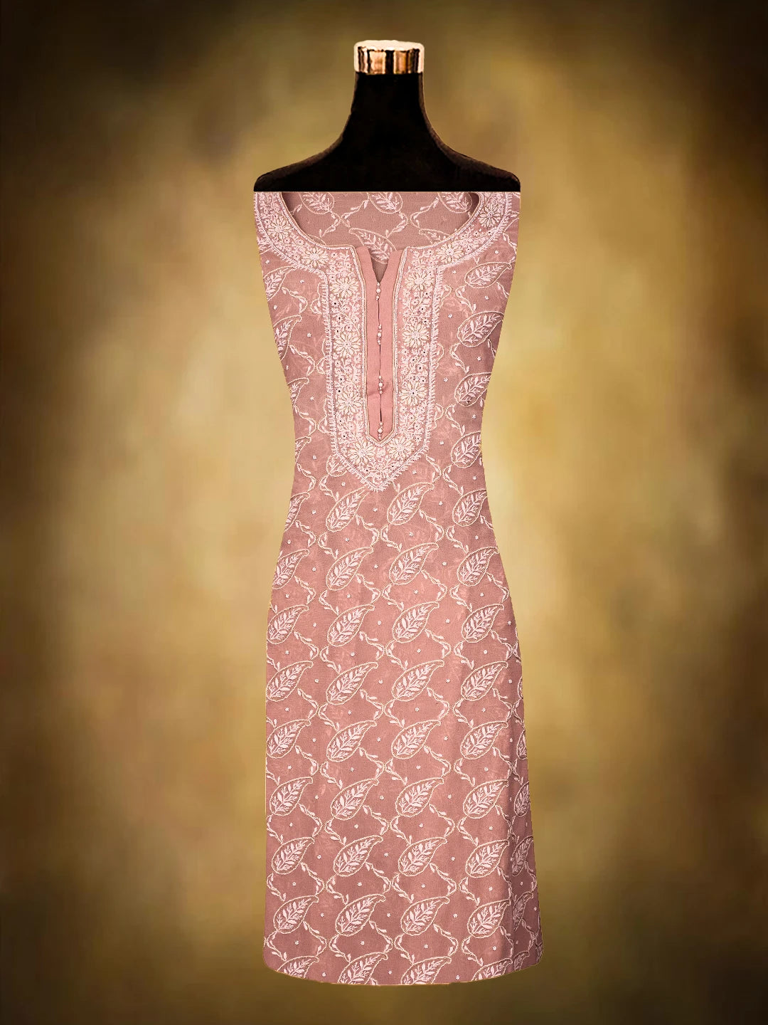 Ada Hand Embroidered Dusty Peach Pure Georgette Lucknowi Chikankari Unstitched Kurta Dupatta Set With Cutdana Work 01A590710