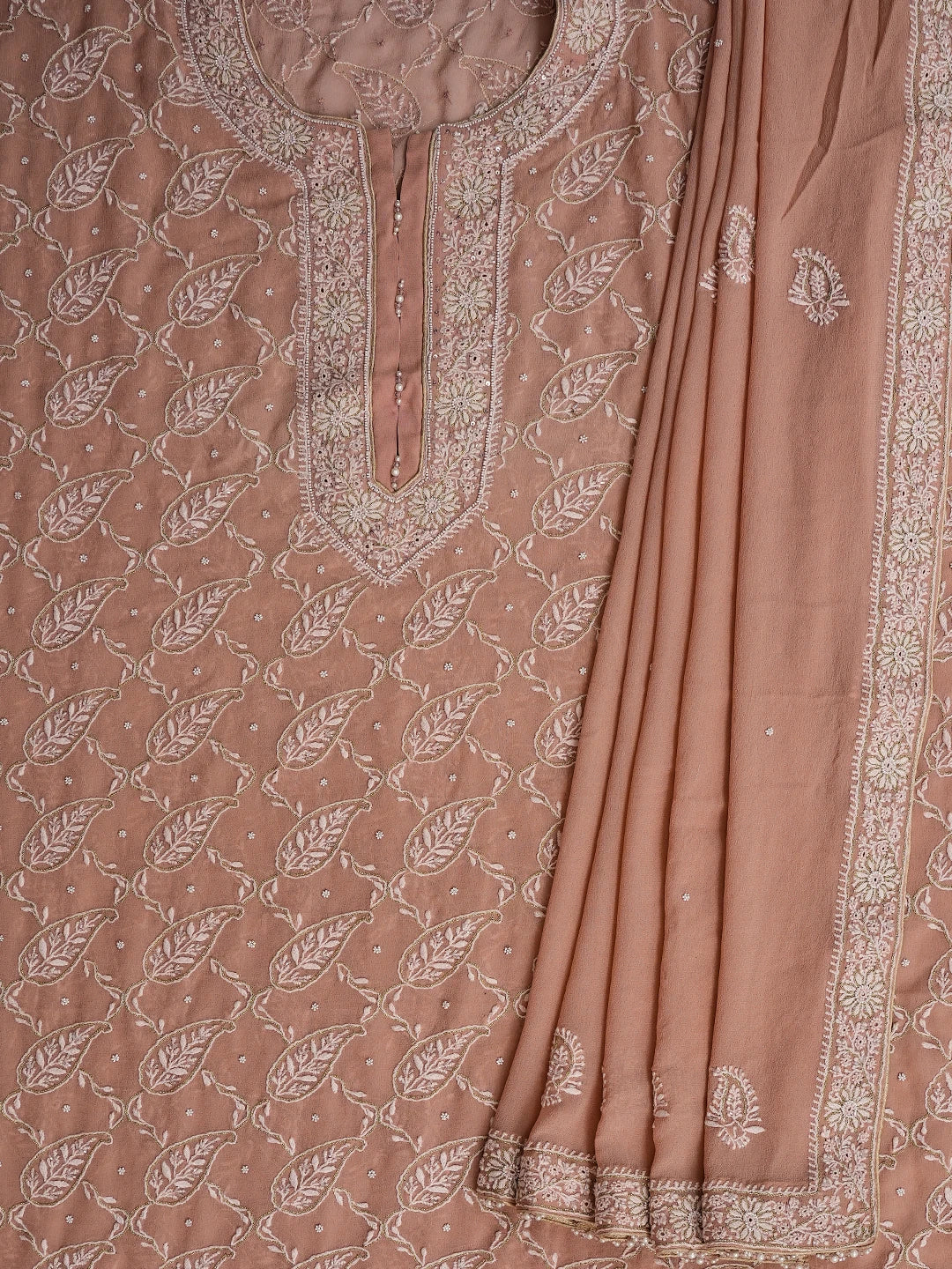 Ada Hand Embroidered Dusty Peach Pure Georgette Lucknowi Chikankari Unstitched Kurta Dupatta Set With Cutdana Work 01A590710