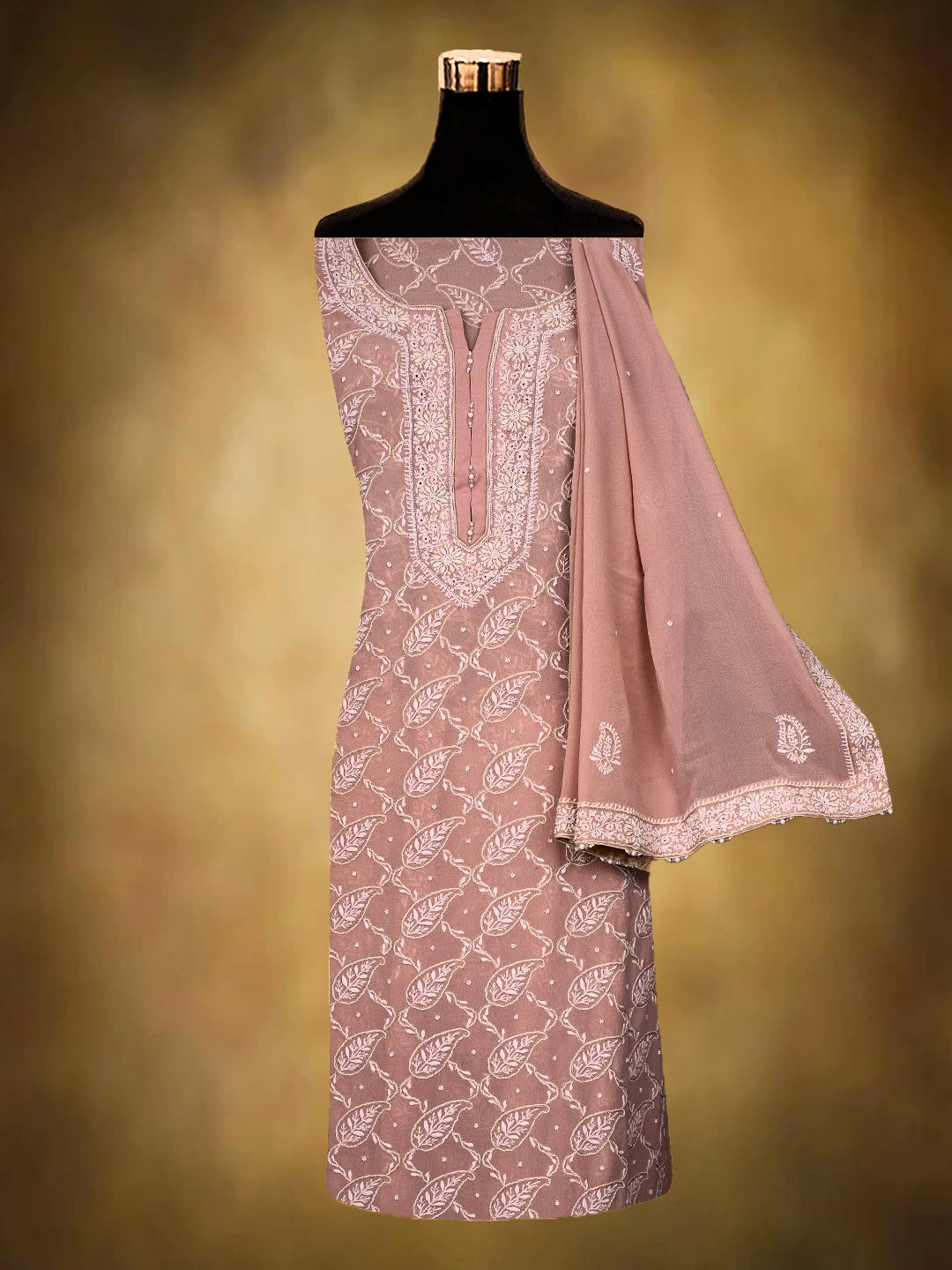 Ada Hand Embroidered Dusty Peach Pure Georgette Lucknowi Chikankari Unstitched Kurta Dupatta Set With Cutdana Work 01A590710