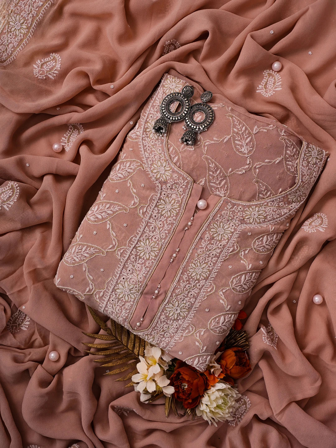 Ada Hand Embroidered Dusty Peach Pure Georgette Lucknowi Chikankari Unstitched Kurta Dupatta Set With Cutdana Work 01A590710