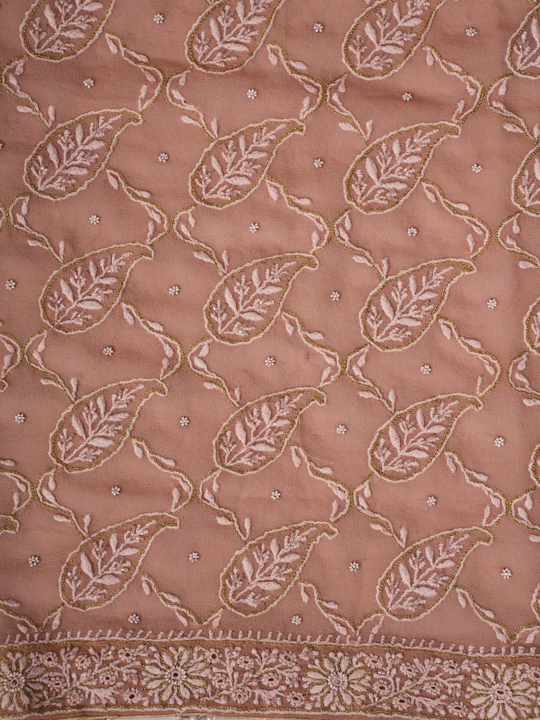 Ada Hand Embroidered Dusty Peach Pure Georgette Lucknowi Chikankari Unstitched Kurta Dupatta Set With Cutdana Work 01A590710