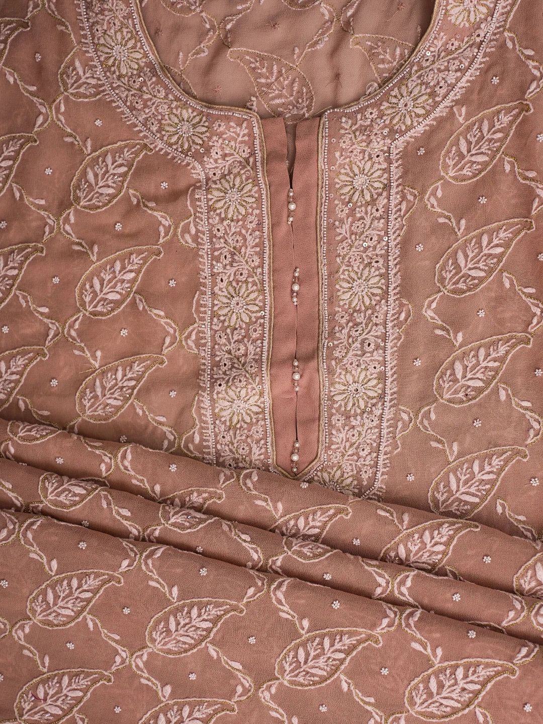 Ada Hand Embroidered Dusty Peach Pure Georgette Lucknowi Chikankari Unstitched Kurta Dupatta Set With Cutdana Work 01A590710