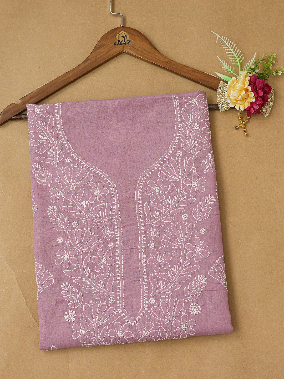 Ada Hand Embroidered Dark Mauve Cotton Lucknowi Chikankari Unstitched Kurta Piece 01A725142
