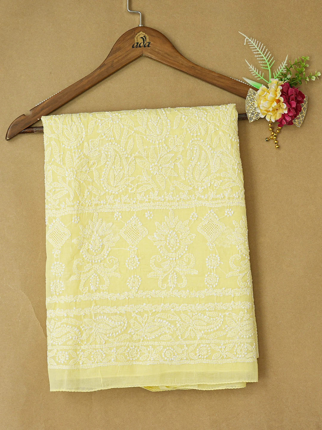 Ada Hand Embroidered Lemon Cotton Lucknowi Chikankari Unstitched Kurta Piece 01A711933