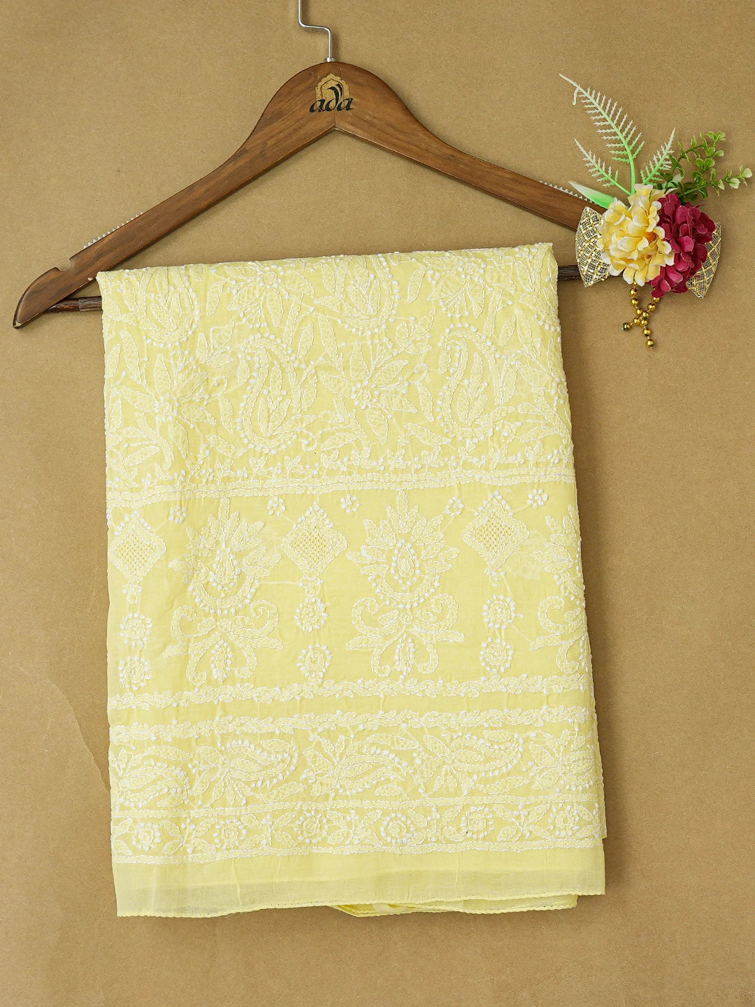 Ada Hand Embroidered Lemon Cotton Lucknowi Chikankari Unstitched Kurta Piece 01A711933