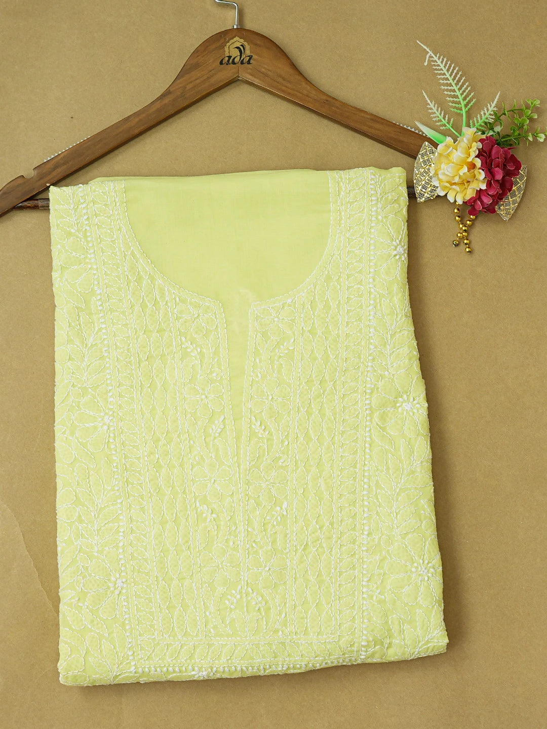 Ada Hand Embroidered Lime Green Cotton Lucknowi Chikankari Unstitched Kurta Piece 01A724492