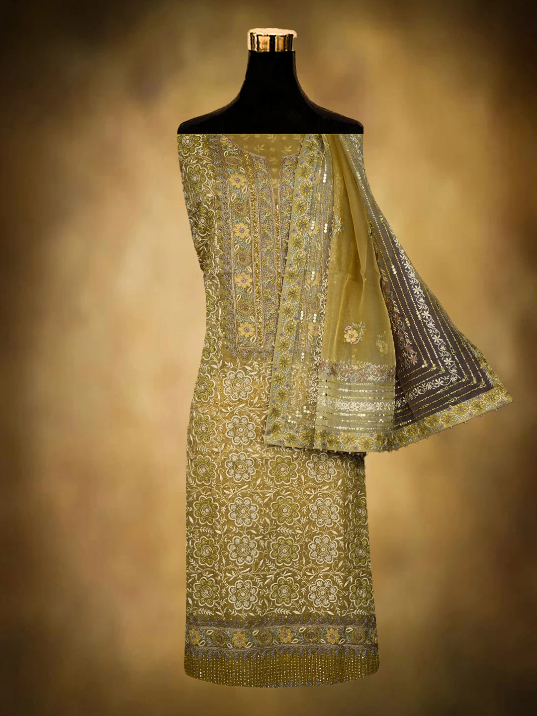 Ada Hand Embroidered Mehandi Green Organza Lucknowi Chikankari Unstitched Kurta Dupatta Set With Sequinned Work 01A727254