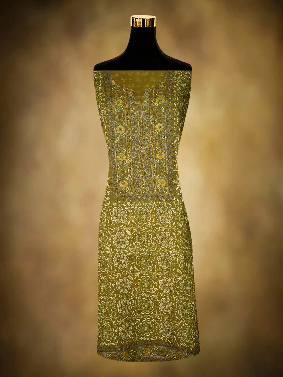 Ada Hand Embroidered Mehandi Green Organza Lucknowi Chikankari Unstitched Kurta Dupatta Set With Sequinned Work 01A727254