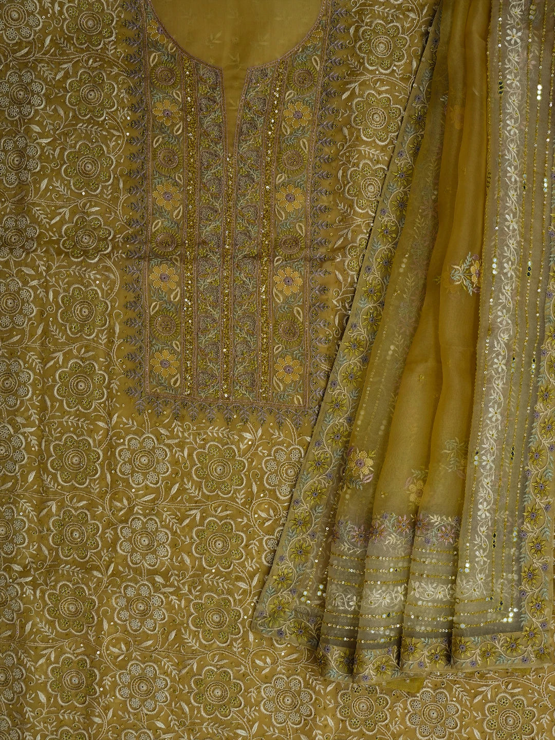 Ada Hand Embroidered Mehandi Green Organza Lucknowi Chikankari Unstitched Kurta Dupatta Set With Sequinned Work 01A727254