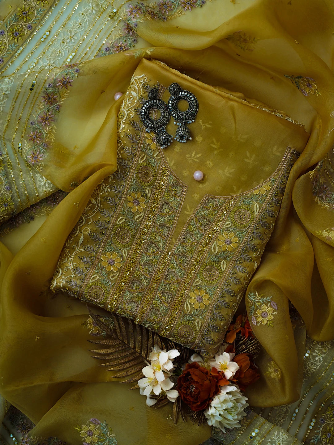 Ada Hand Embroidered Mehandi Green Organza Lucknowi Chikankari Unstitched Kurta Dupatta Set With Sequinned Work 01A727254