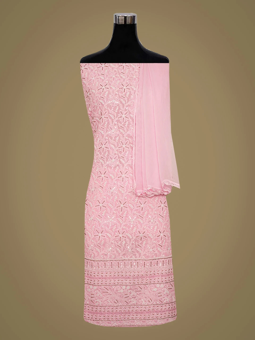 Ada Hand Embroidered Pink Cotton Lucknowi Chikankari Unstitched Suit Piece With Cutdana Work 01A393511
