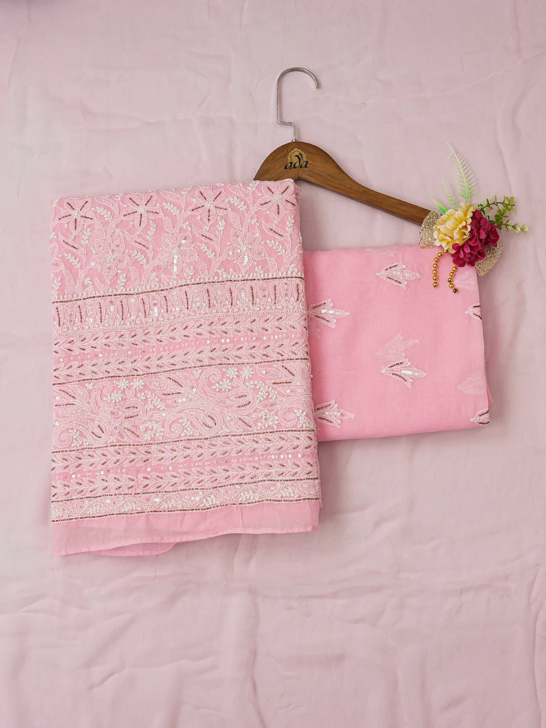 Ada Hand Embroidered Pink Cotton Lucknowi Chikankari Unstitched Suit Piece With Cutdana Work 01A393511