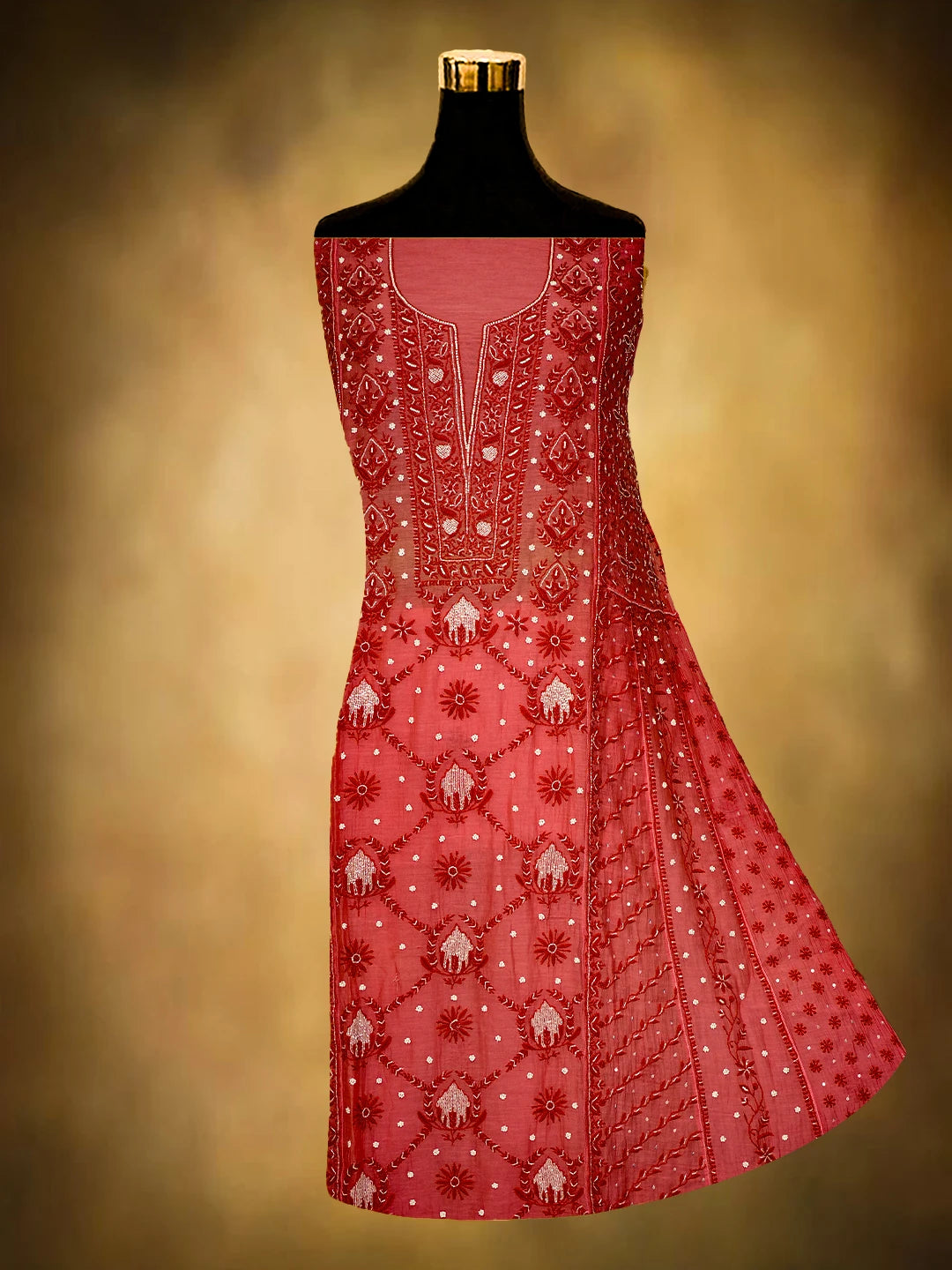 Ada Hand Embroidered Carrot Pink Chanderi Lucknowi Chikankari Semi-Stitched Kurta Dupatta Set With Cutdana Work 01A628026