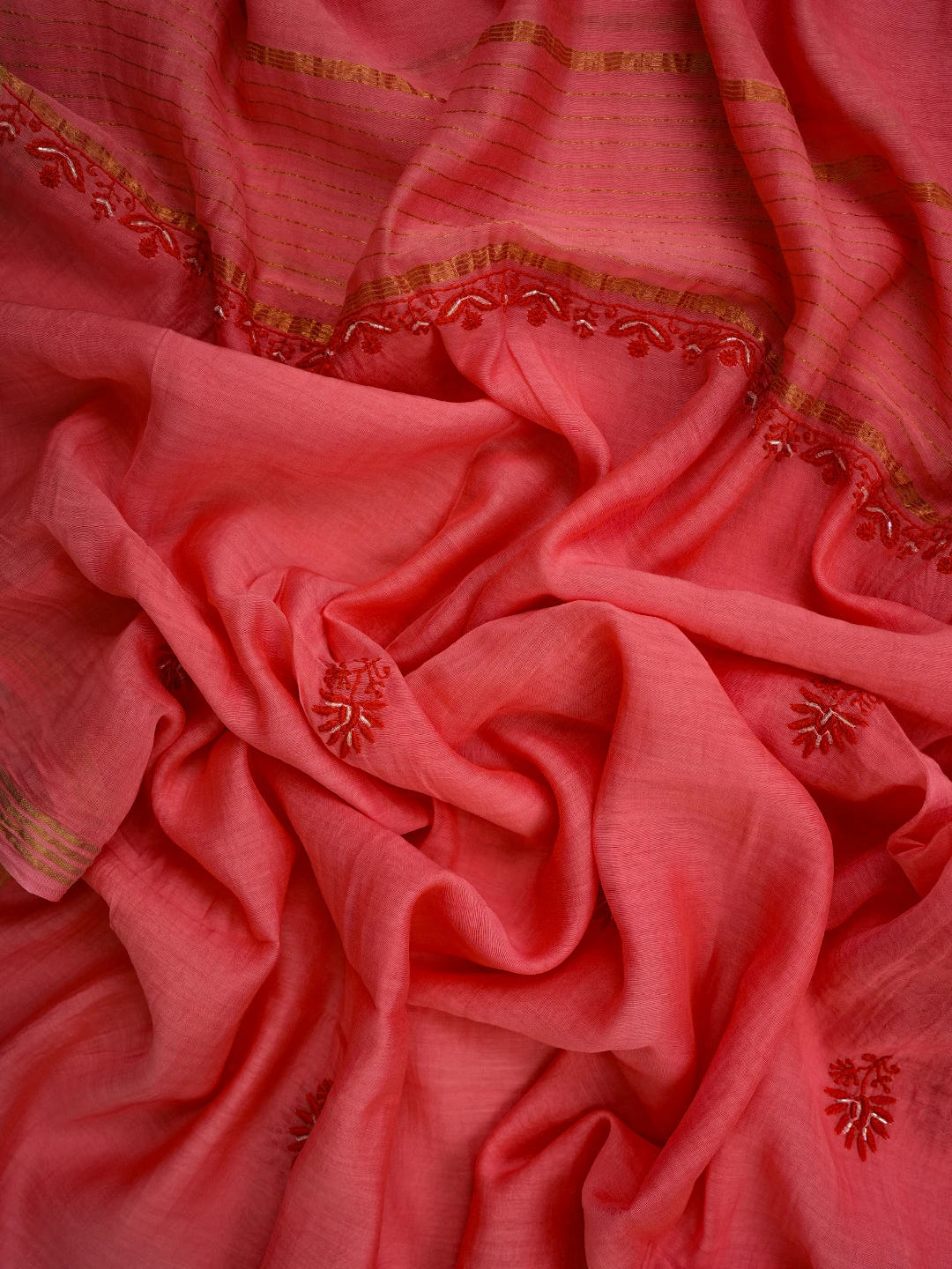Ada Hand Embroidered Carrot Pink Chanderi Lucknowi Chikankari Semi-Stitched Kurta Dupatta Set With Cutdana Work 01A628026