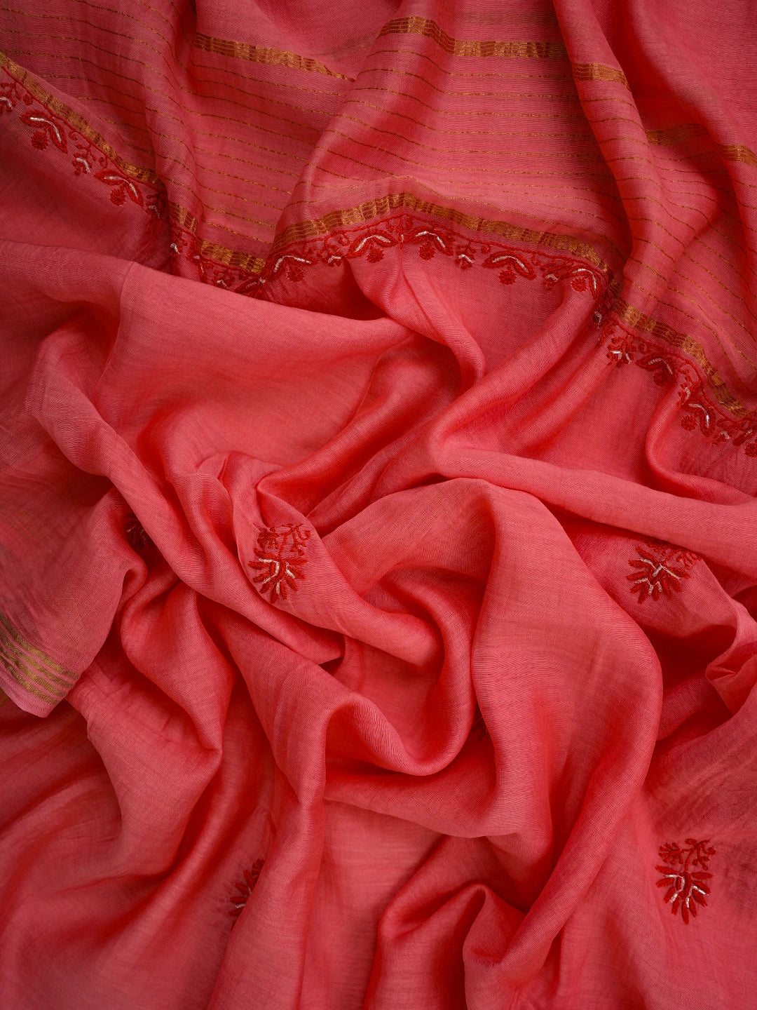 Ada Hand Embroidered Carrot Pink Chanderi Lucknowi Chikankari Semi-Stitched Kurta Dupatta Set With Cutdana Work 01A628026