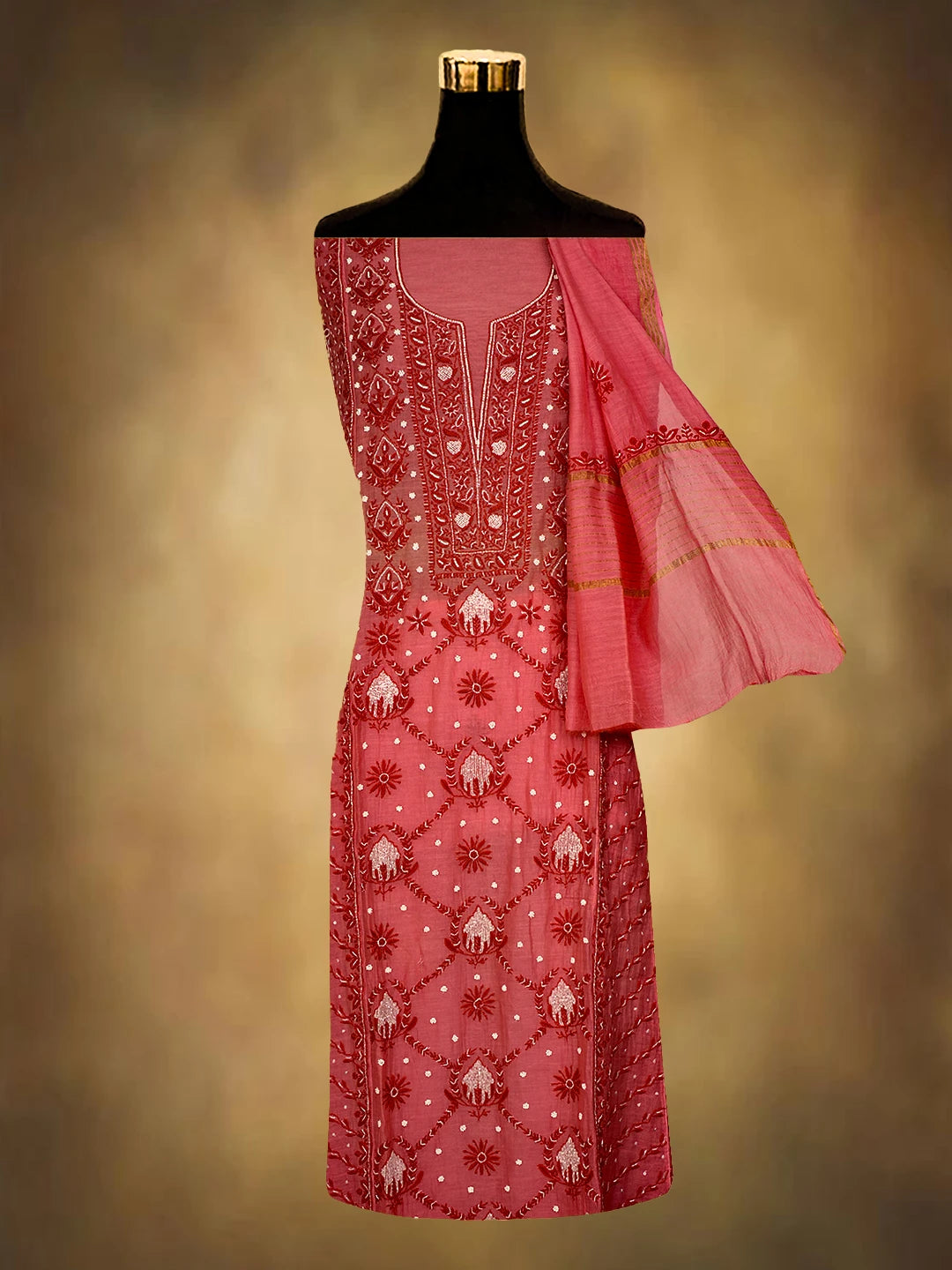 Ada Hand Embroidered Carrot Pink Chanderi Lucknowi Chikankari Semi-Stitched Kurta Dupatta Set With Cutdana Work 01A628026
