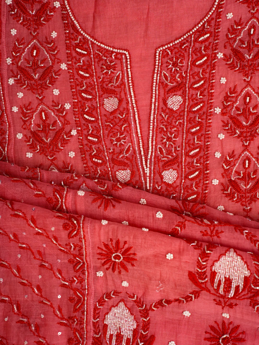 Ada Hand Embroidered Carrot Pink Chanderi Lucknowi Chikankari Semi-Stitched Kurta Dupatta Set With Cutdana Work 01A628026