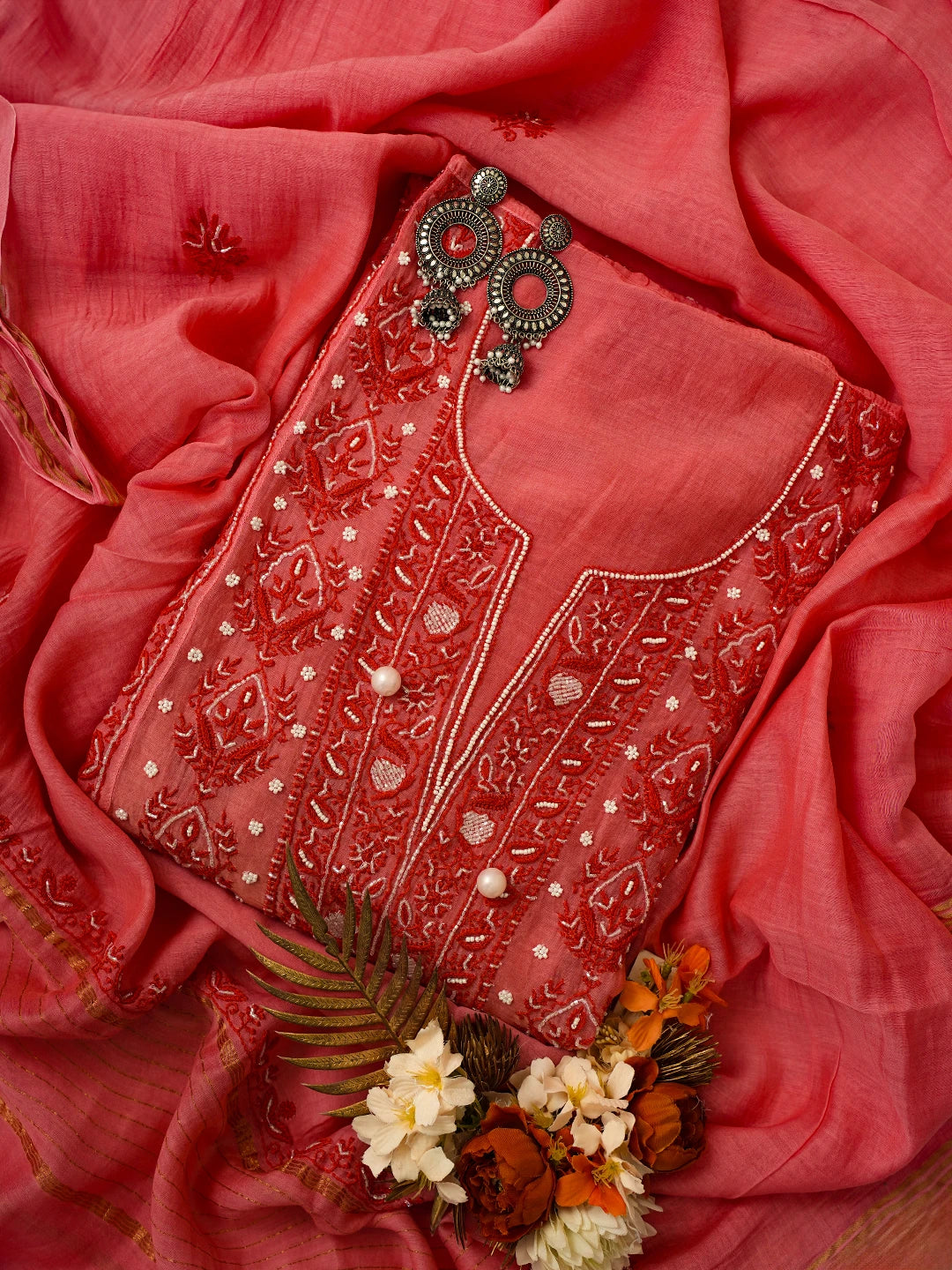 Ada Hand Embroidered Carrot Pink Chanderi Lucknowi Chikankari Semi-Stitched Kurta Dupatta Set With Cutdana Work 01A628026