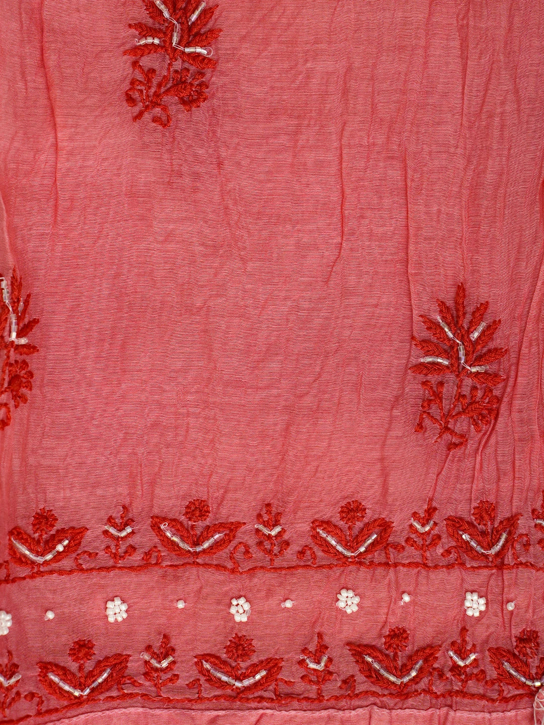 Ada Hand Embroidered Carrot Pink Chanderi Lucknowi Chikankari Semi-Stitched Kurta Dupatta Set With Cutdana Work 01A628026
