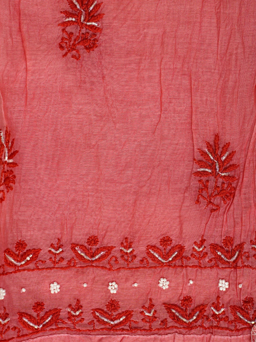 Ada Hand Embroidered Carrot Pink Chanderi Lucknowi Chikankari Semi-Stitched Kurta Dupatta Set With Cutdana Work 01A628026