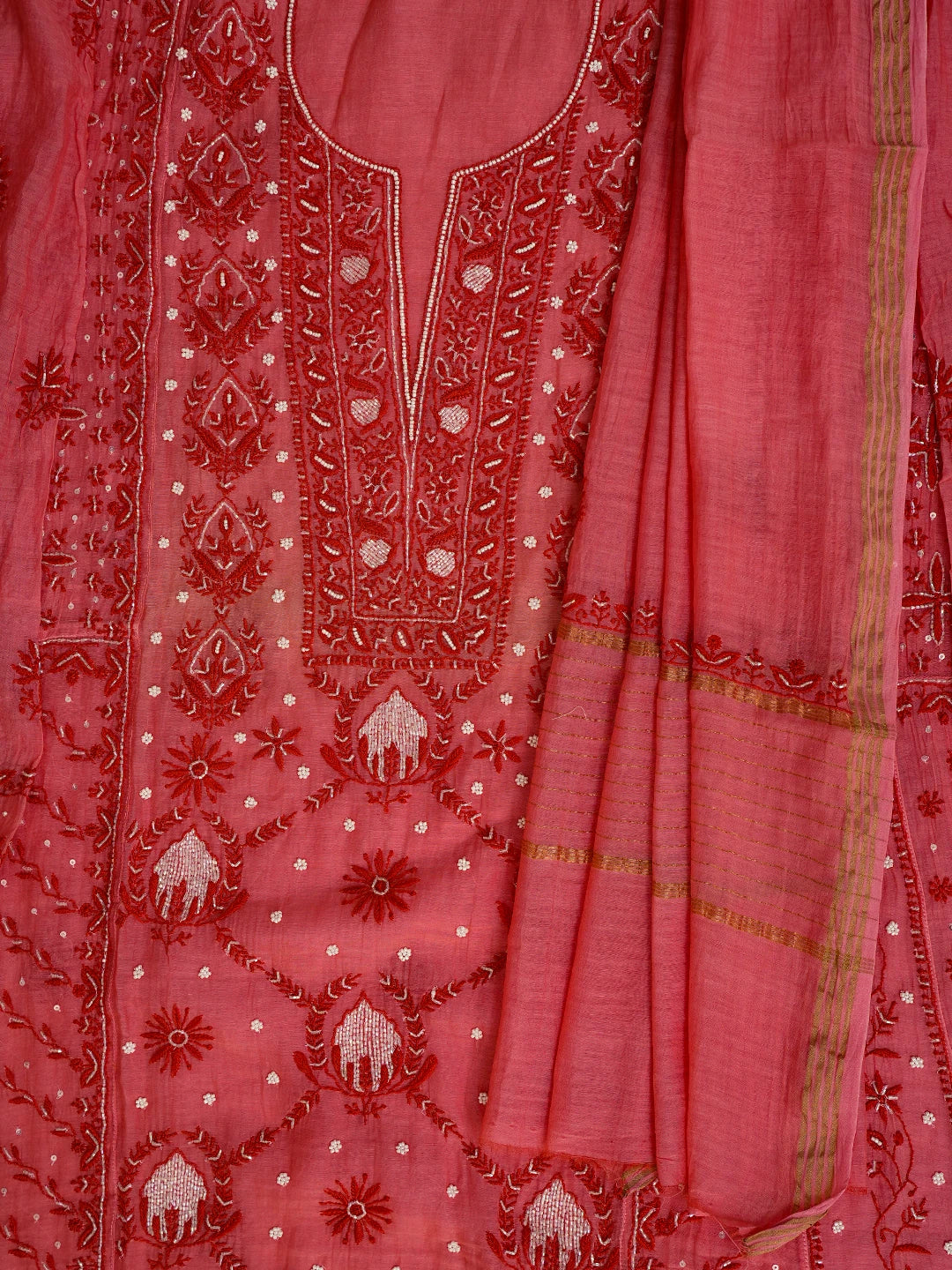 Ada Hand Embroidered Carrot Pink Chanderi Lucknowi Chikankari Semi-Stitched Kurta Dupatta Set With Cutdana Work 01A628026