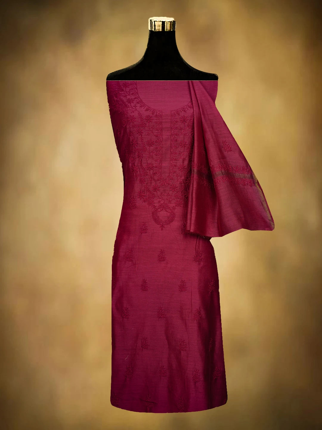 Ada Hand Embroidered Magenta Chanderi Lucknowi Chikankari Unstitched Kurta Dupatta Set 01A729202