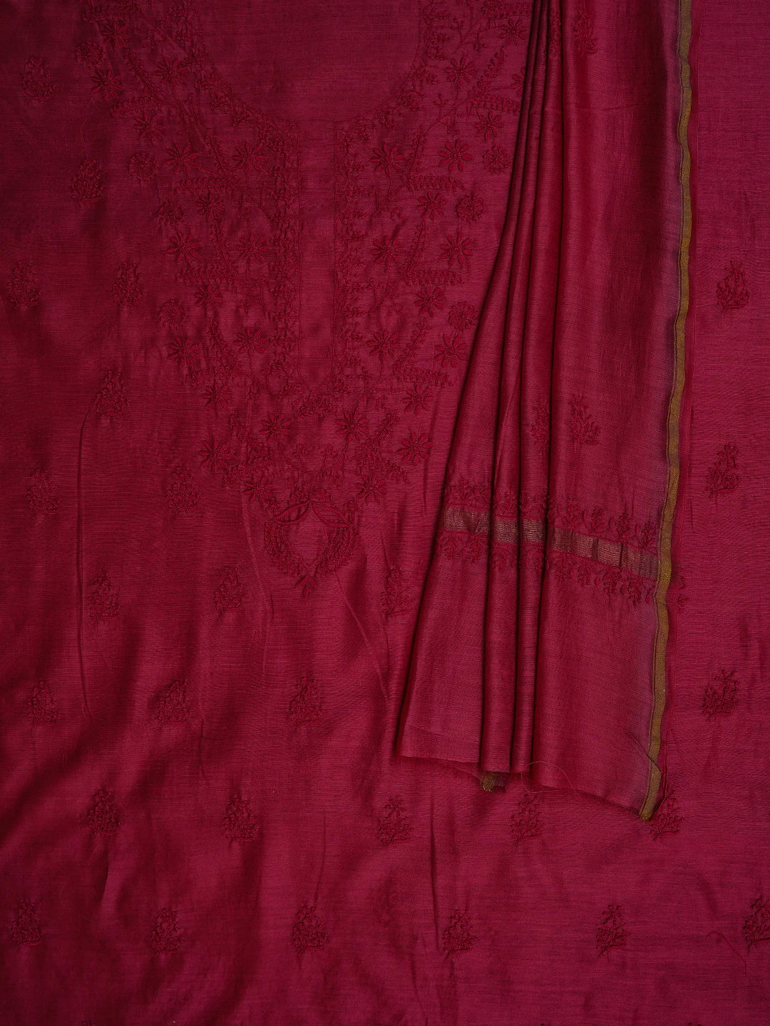 Ada Hand Embroidered Magenta Chanderi Lucknowi Chikankari Unstitched Kurta Dupatta Set 01A729202