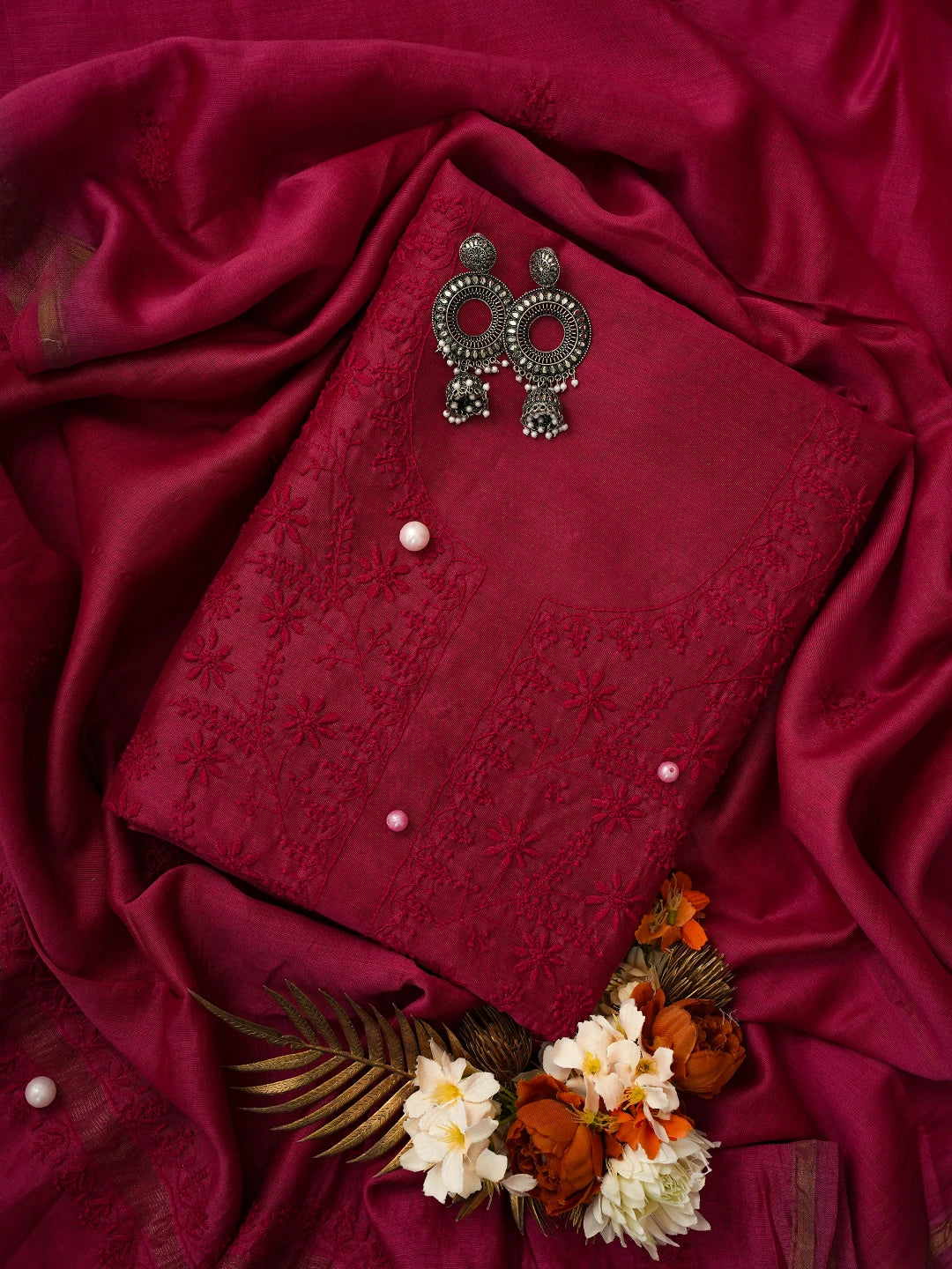 Ada Hand Embroidered Magenta Chanderi Lucknowi Chikankari Unstitched Kurta Dupatta Set 01A729202