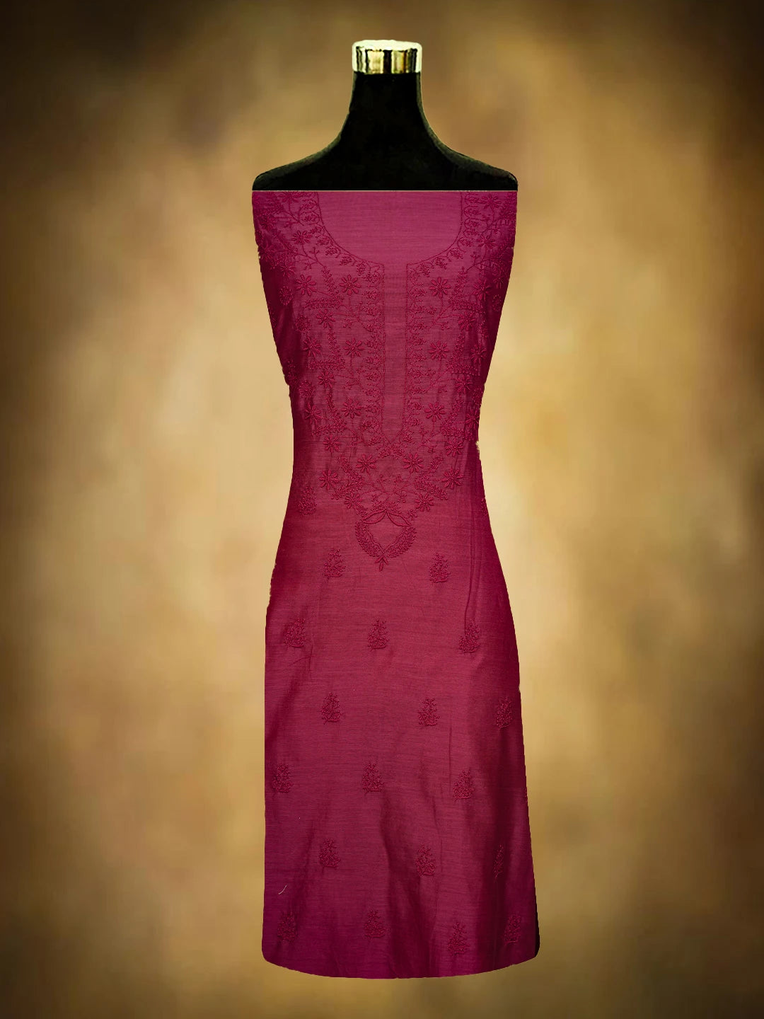 Ada Hand Embroidered Magenta Chanderi Lucknowi Chikankari Unstitched Kurta Dupatta Set 01A729202