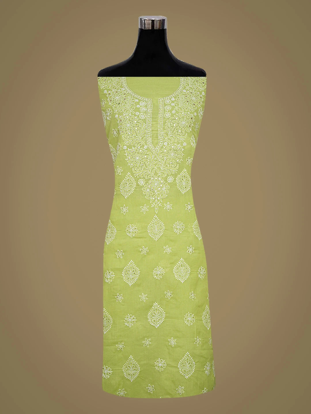 Ada Hand Embroidered Lime Green Cotton Lucknowi Chikankari Unstitched Suit Piece With Mukaish Work 01A657388