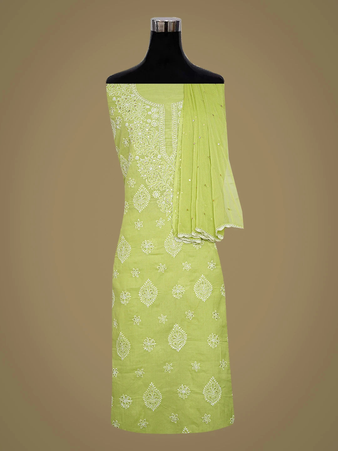 Ada Hand Embroidered Lime Green Cotton Lucknowi Chikankari Unstitched Suit Piece With Mukaish Work 01A657388