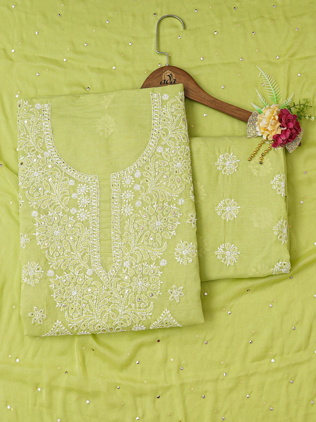 Ada Hand Embroidered Lime Green Cotton Lucknowi Chikankari Unstitched Suit Piece With Mukaish Work 01A657388