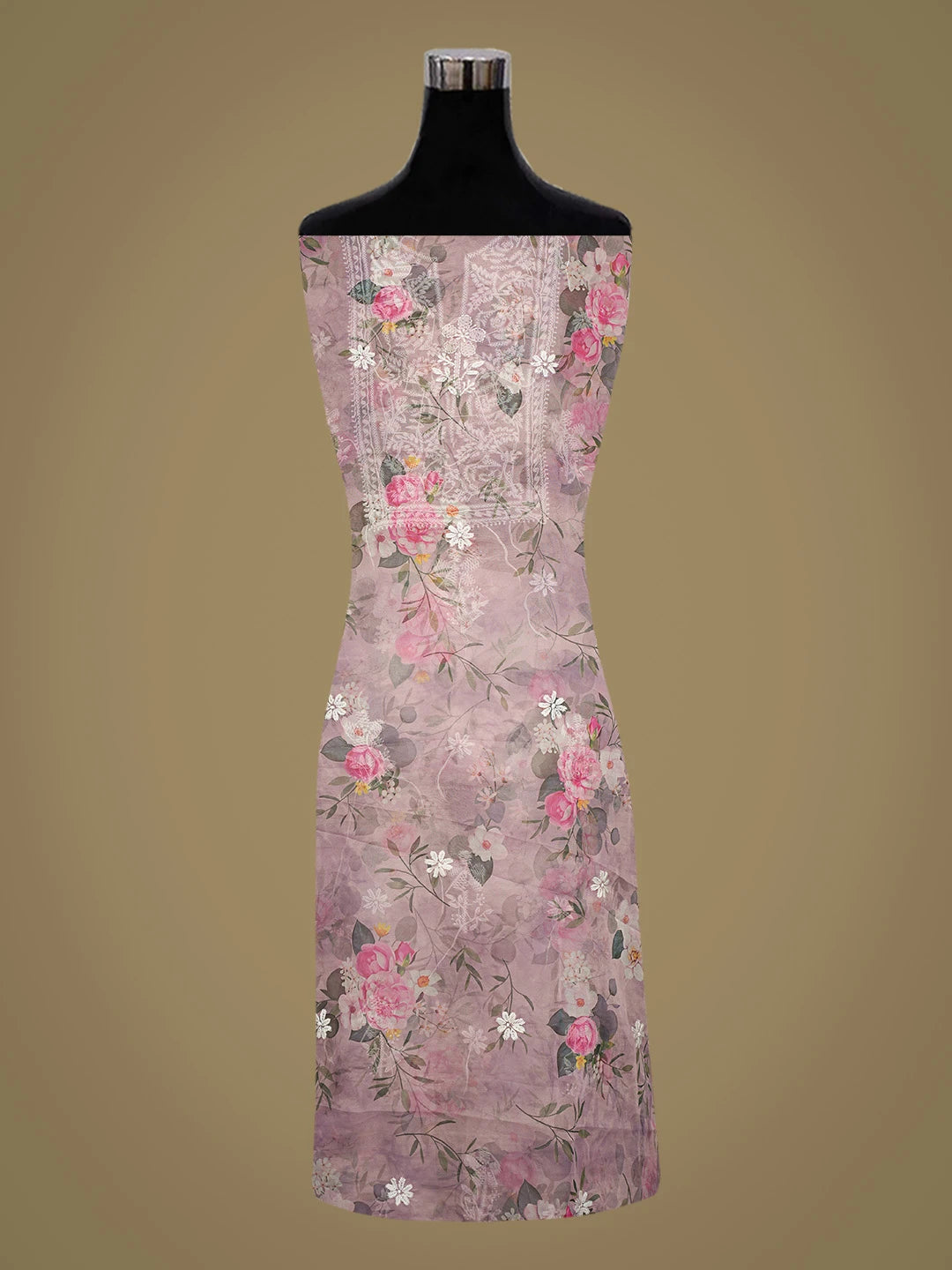 Ada Hand Embroidered Mauve Organza Floral Printed Lucknowi Chikankari Unstitched Kurta Dupatta Set 01A736654