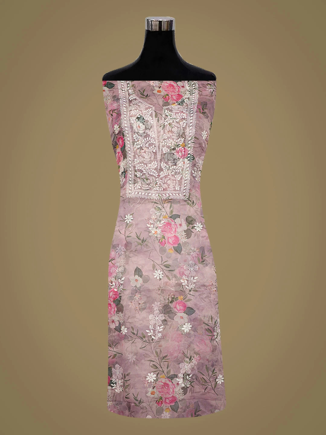 Ada Hand Embroidered Mauve Organza Floral Printed Lucknowi Chikankari Unstitched Kurta Dupatta Set 01A736654