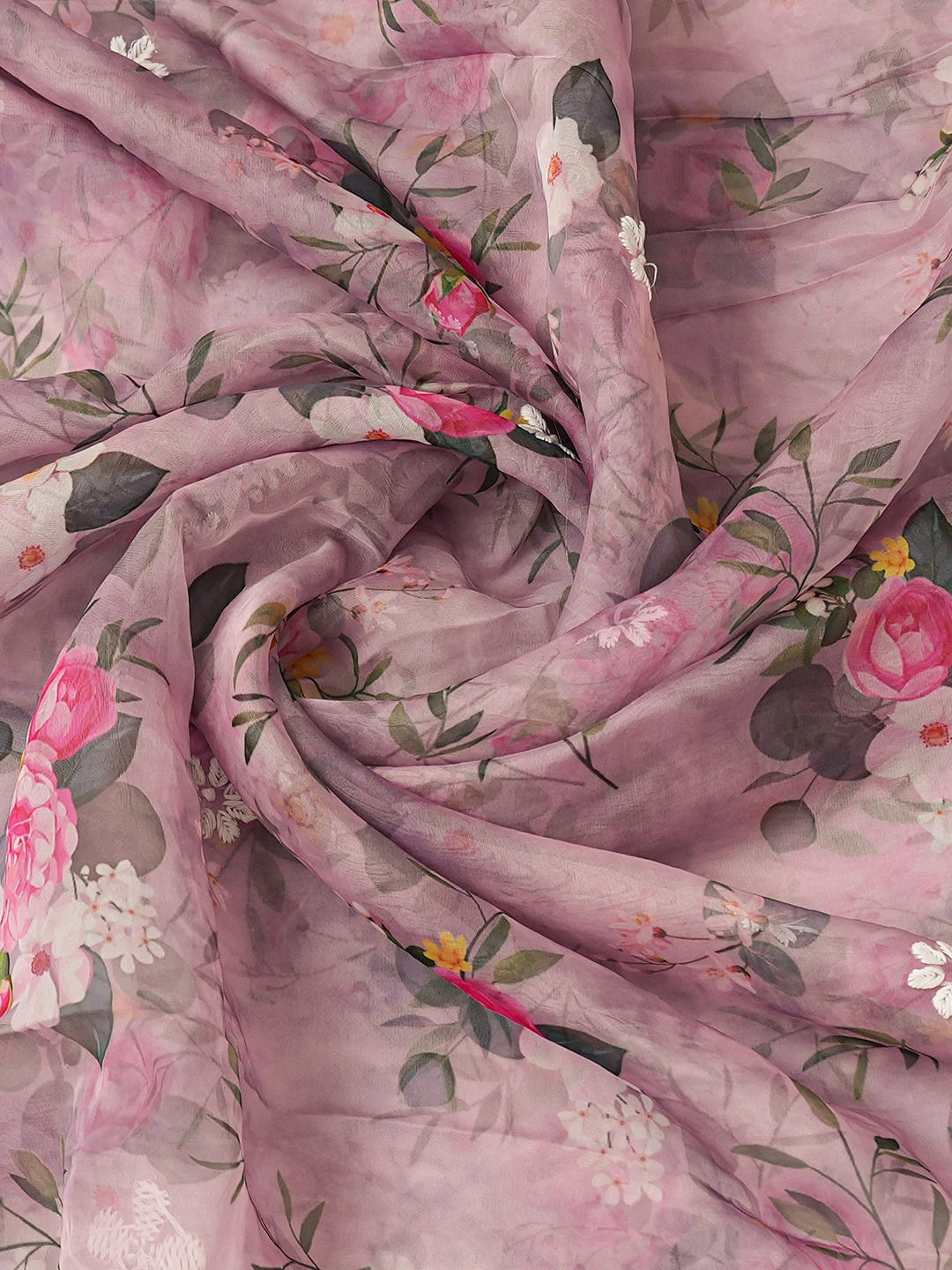 Ada Hand Embroidered Mauve Organza Floral Printed Lucknowi Chikankari Unstitched Kurta Dupatta Set 01A736654