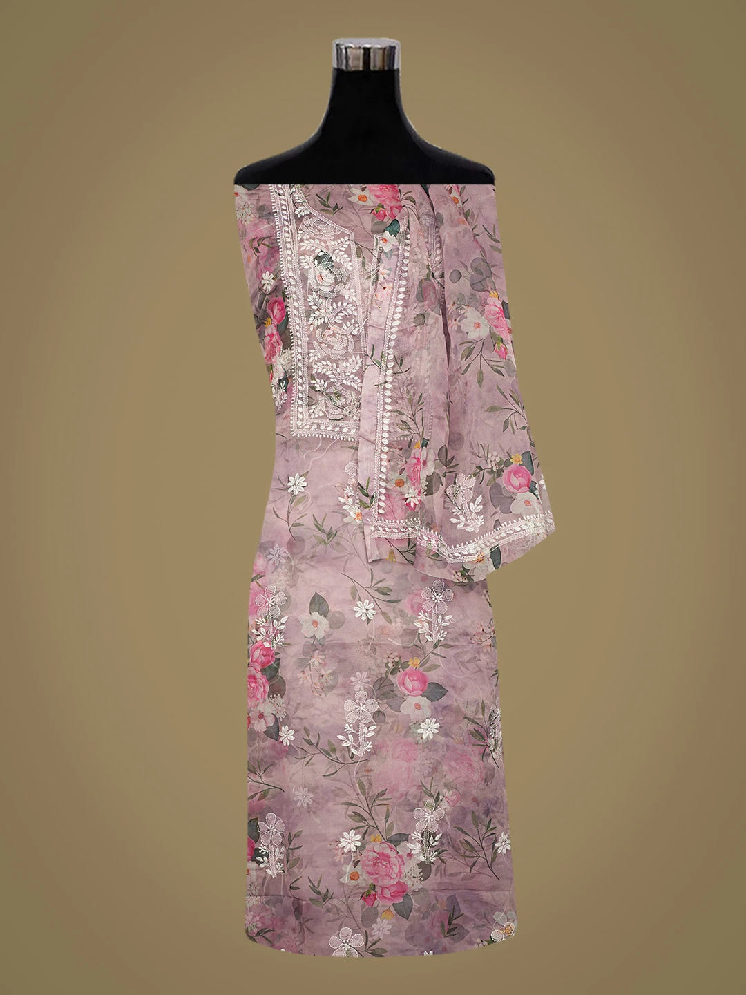 Ada Hand Embroidered Mauve Organza Floral Printed Lucknowi Chikankari Unstitched Kurta Dupatta Set 01A736654