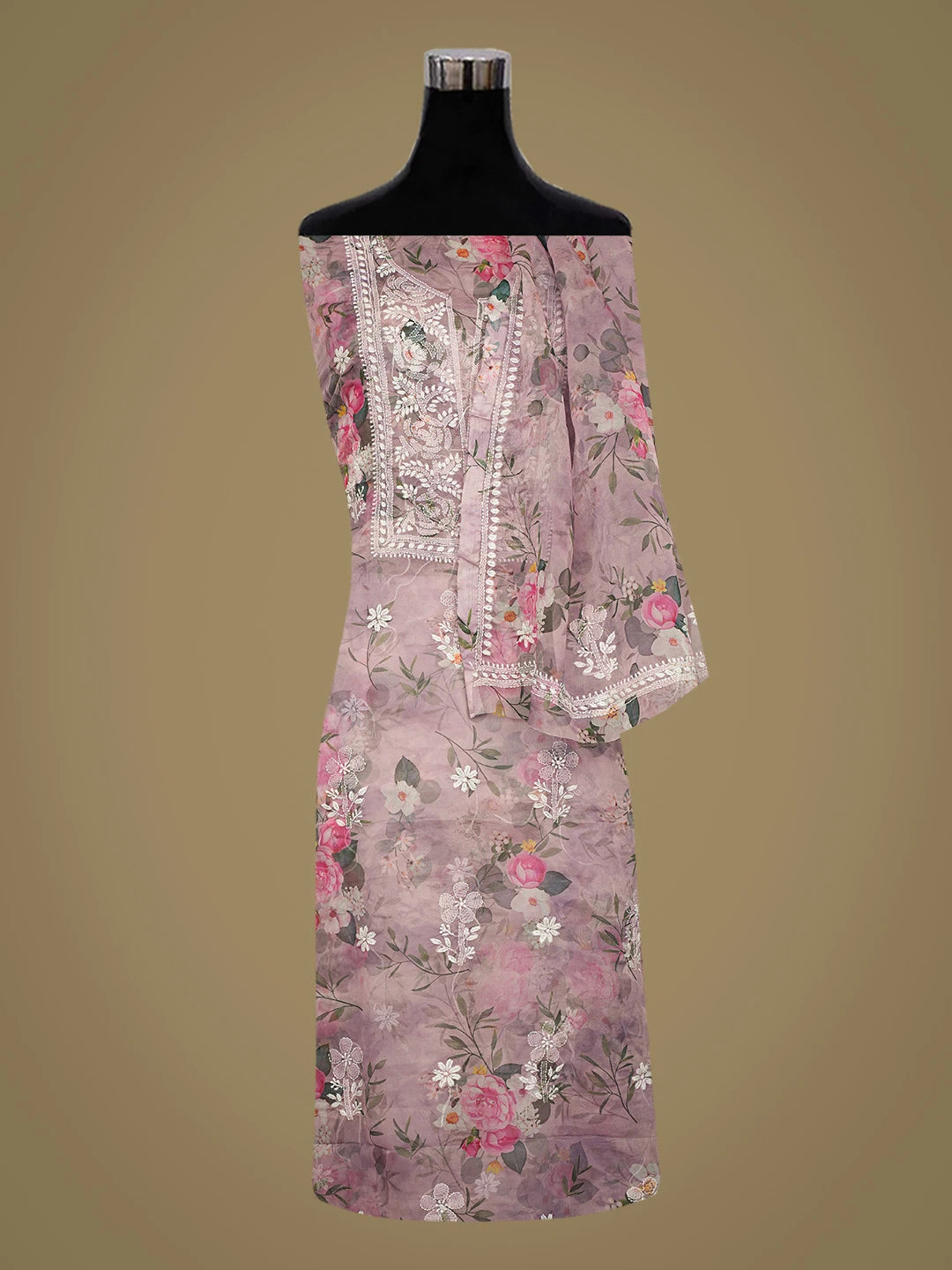Ada Hand Embroidered Mauve Organza Floral Printed Lucknowi Chikankari Unstitched Kurta Dupatta Set 01A736654