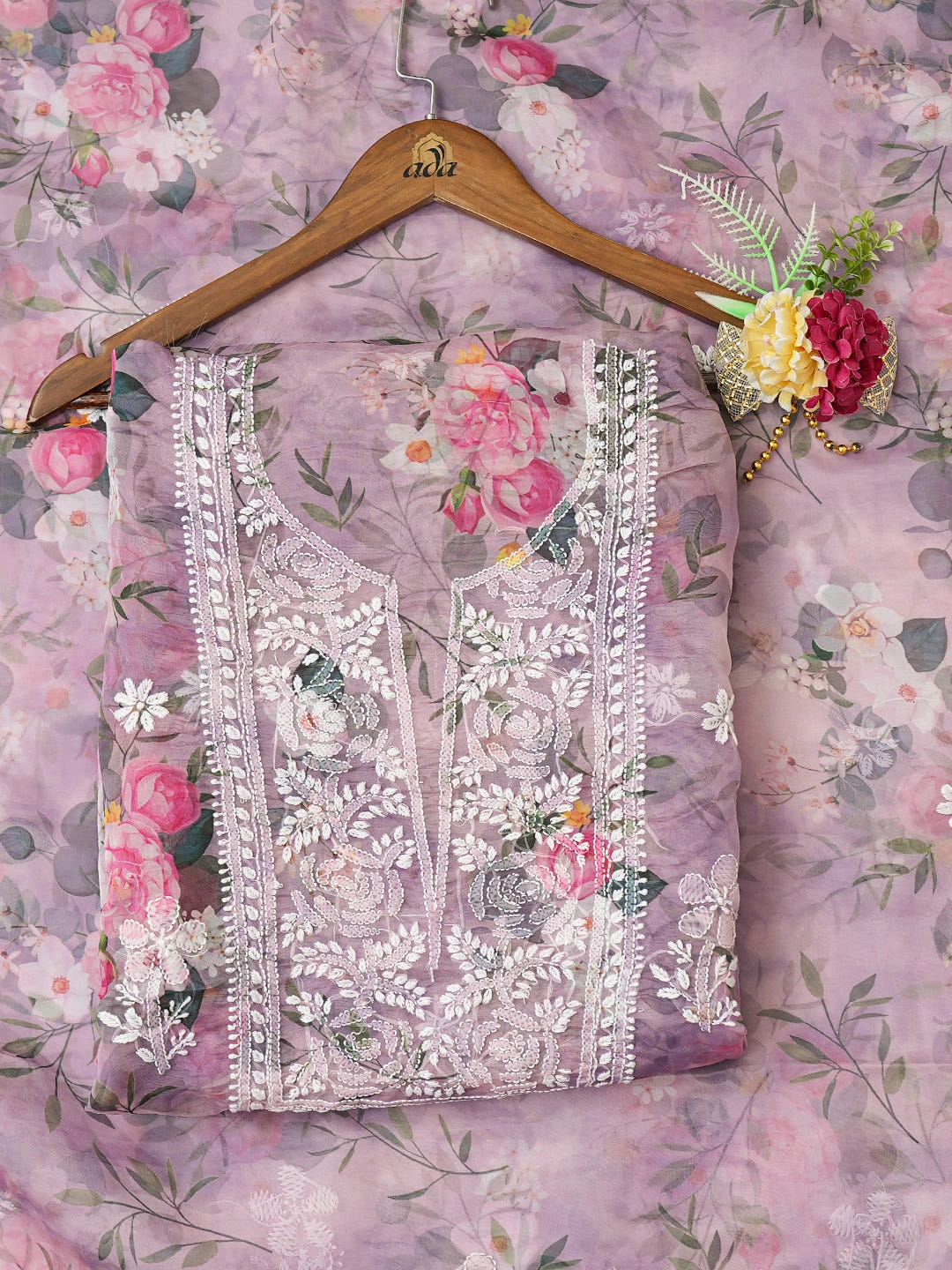 Ada Hand Embroidered Mauve Organza Floral Printed Lucknowi Chikankari Unstitched Kurta Dupatta Set 01A736654